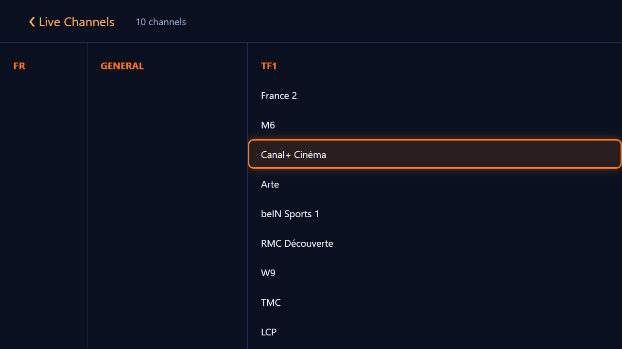 Live TV with two-level country and category browsing
